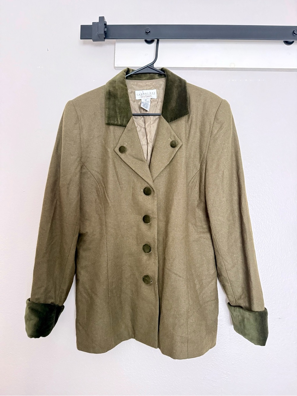 Cambridge Dry Goods Olive Green Wool Blend Jacket with Velvet Trim